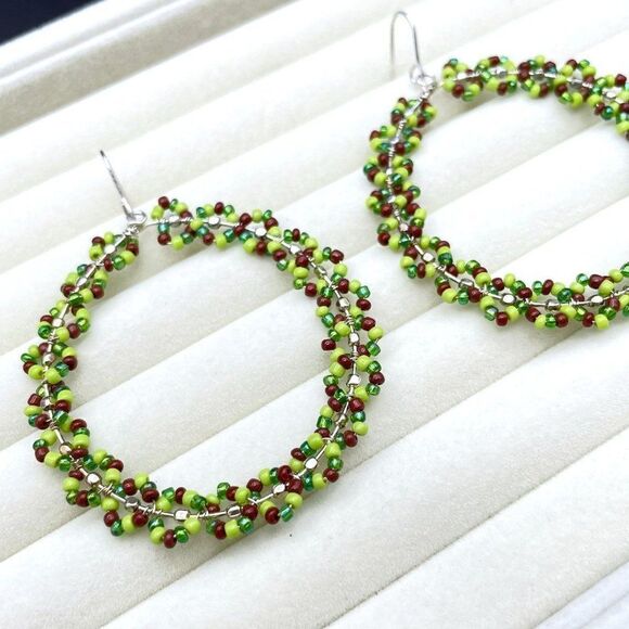 Silver Wire Wrapped Multicolored Beaded Round Wreath Dangling Hook Earrings - Picture 6 of 9